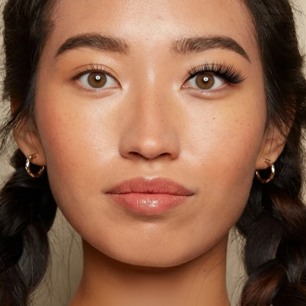 Close-up of a person with braided hair and minimal makeup